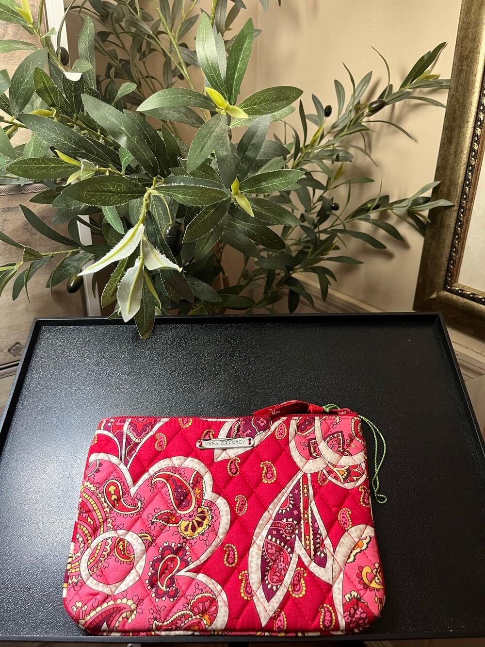 Vera Bradley Pink Red Paisley Quilted Cosmetic Makeup Zip Pouch Bag